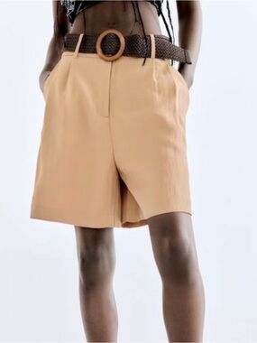 ZARA Tailored High-Waist Belted Shorts in Tan